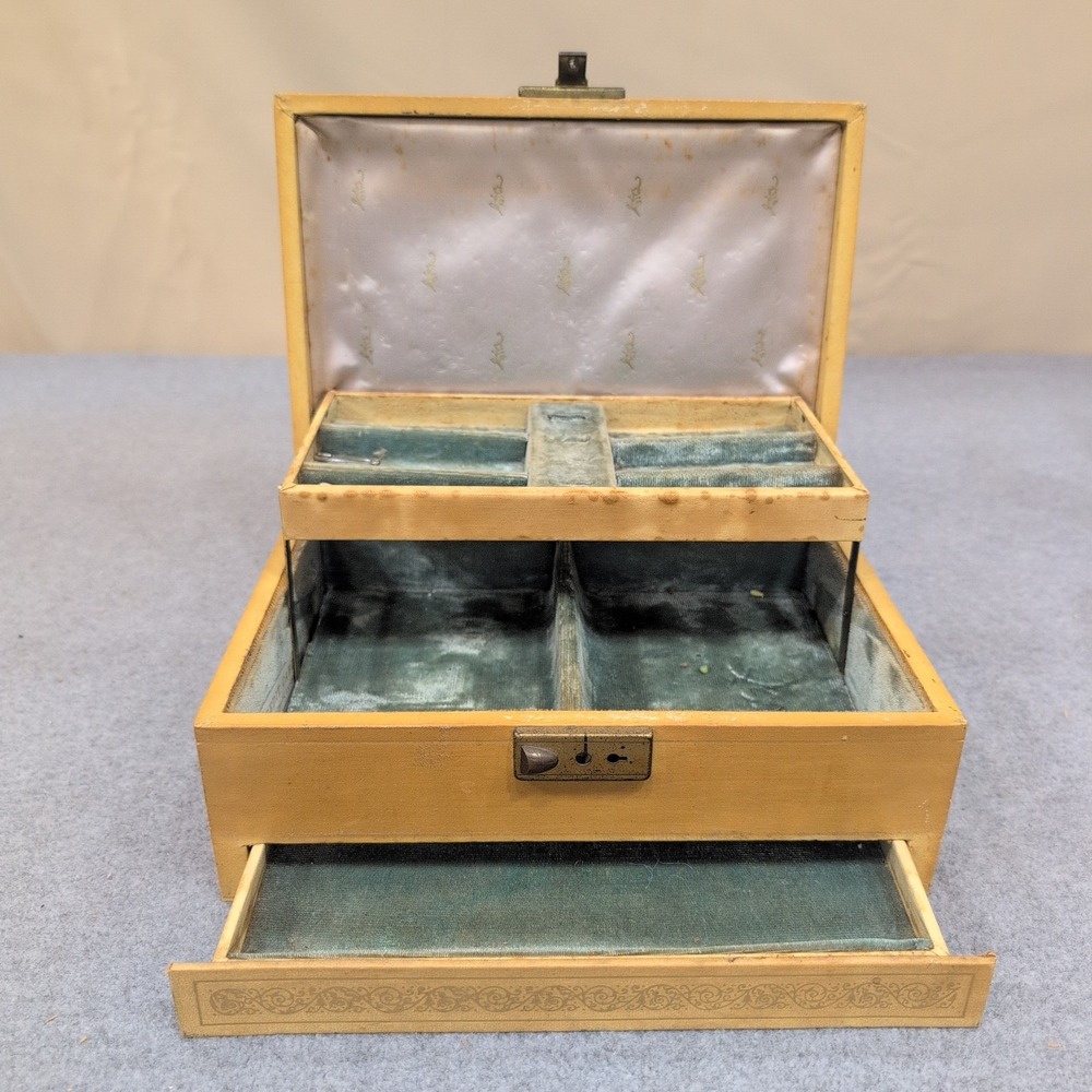 Vintage Tan Faux Leather Jewelry Box Teal Velvet Lining Multi Tier Drawer Latch - Picture 7 of 10